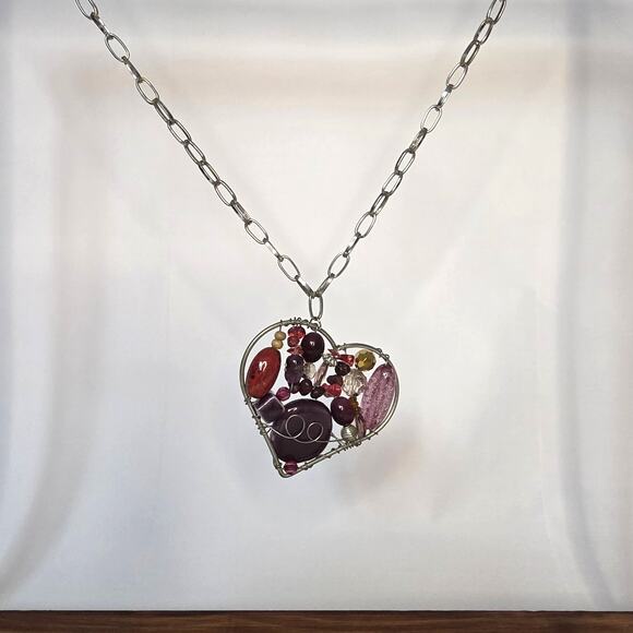 VTG Necklace Mosaic Beads & Stones In Large Heart-Shaped Pendant - Picture 6 of 6